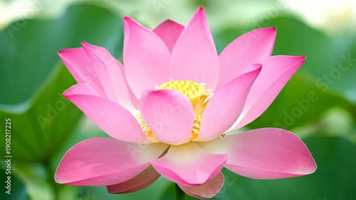 A close-up shot of a blooming pink flower. Green leaves blurred in background