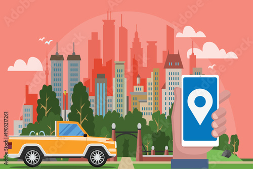 modern flat vector illustration of an online taxi booking service. The image features a bright orange taxi car parked in front of a bustling city skyline with skyscrapers and a clear blue sky.