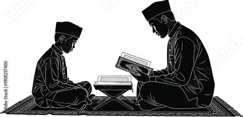 Muslim father and son reading Quran illustration vector. Islamic religious education scene silhouette illustration.
