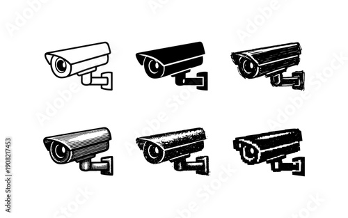 Collection of six security camera icons in various artistic styles for surveillance and monitoring