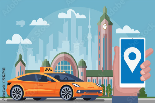 modern flat vector illustration of an online taxi booking service. The image features a bright orange taxi car parked in front of a bustling city skyline with skyscrapers and a clear blue sky.