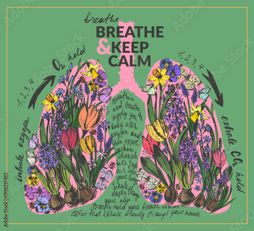 Human lungs floral decorative vector illustration. Square breathing exercise. Health concept. Lifestyle and medical creative drawing poster with spring flowers