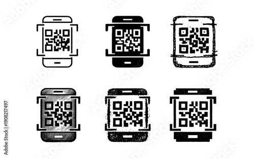 Collection of QR code scanning icons on smartphones in various artistic styles
