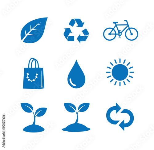 eco friendly icons with leaf recycling symbol bicycle shopping bag water droplet sun and seedlings on white background