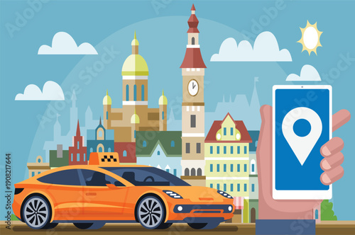 modern flat vector illustration of an online taxi booking service. The image features a bright orange taxi car parked in front of a bustling city skyline with skyscrapers and a clear blue sky.