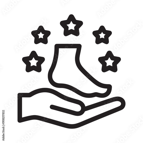 A hand cradling a foot with stars above representing care and quality