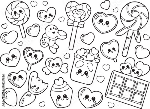 Collection of cute kawaii candies and sweets with smiling faces chocolate