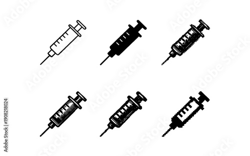Set of six black syringe icons in varied styles and angles on white background flat vector