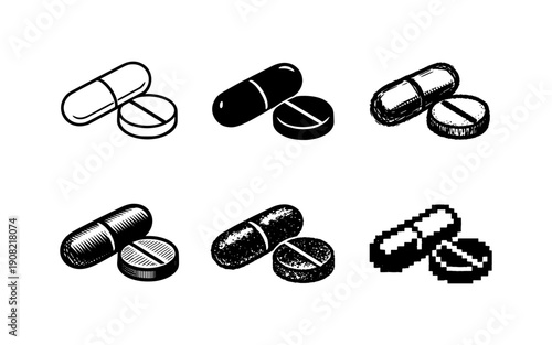 Collection of six different styles of pill and capsule icons on a white background