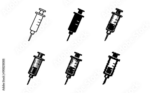 Collection of six syringe icons in various styles and fill levels for medical and healthcare concepts