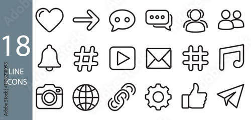 A collection of 18 line icons for social media and communication