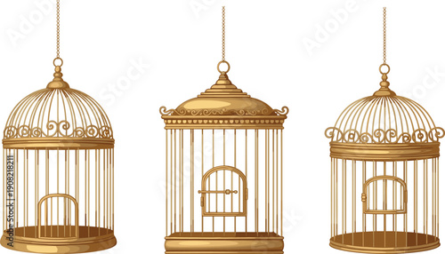 Antique golden bird cage vector collection, ornate hanging vintage cages decorative classic design isolated on white background