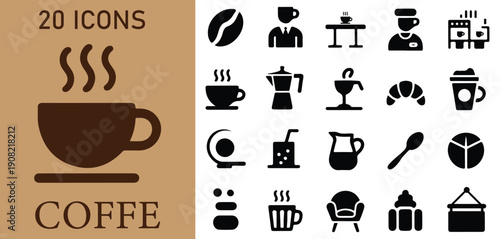 A collection of coffee icons on a white and brown background