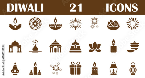 A collection of Diwali icons and symbols on a white background