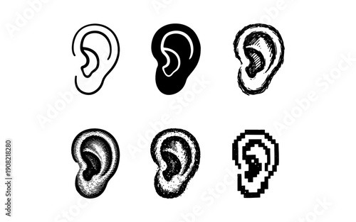 Collection of six diverse ear icons representing different artistic styles and digital formats