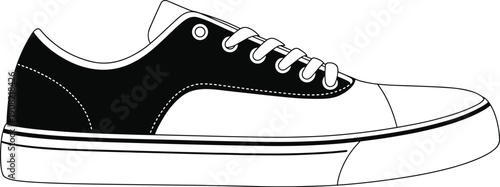 Sneaker vector, casual shoe, black and white, low-top design, lace-up sneaker, side view, fashion footwear, clean style, product mockup, minimalist illustration