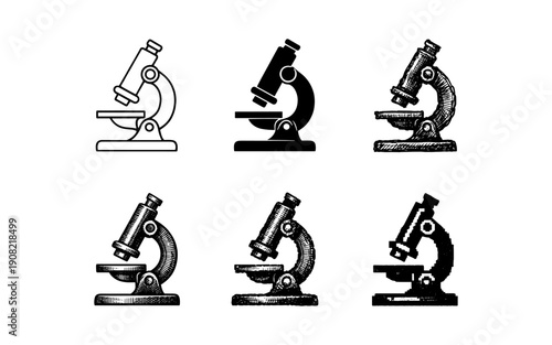 Collection of six different microscope illustrations in various styles and colors