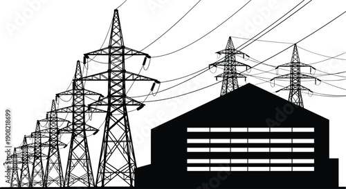 Electric power transmission towers and substation silhouette, high voltage lines, industrial energy infrastructure, electricity distribution concept, black and white vector illustration, utility 