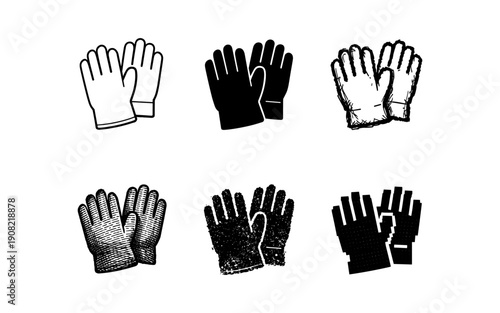 Collection of six diverse glove icons in various artistic styles on a white background