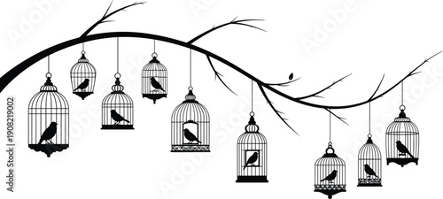Bird cages hanging on tree branch silhouette, vintage decorative cages with birds vector illustration isolated on white background