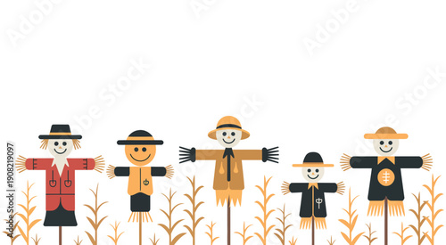 Scarecrows in a cornfield, autumn harvest setting, ripe corn stalks
