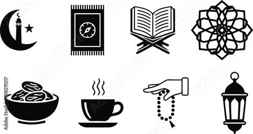 Ramadan Mubarak daily devotions icons with mosque, Quran, and lantern