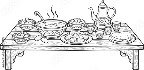 Traditional Middle Eastern iftar table setting with delicious food