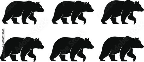 Black bear silhouette set, walking wild animal collection, side view woodland predator vector illustration isolated background