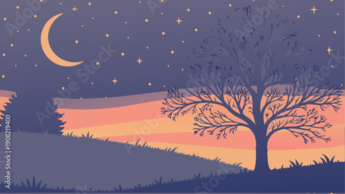 Night sky with silhouetted trees and moon