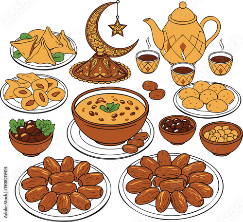 Traditional Ramadan iftar meal with dates and tea