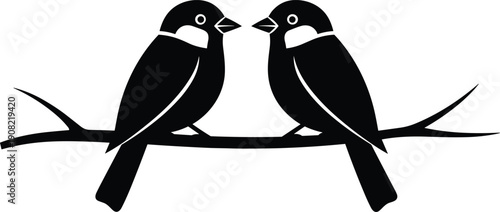 Black bird silhouette illustration, two sparrows sitting on branch symmetrical vector design isolated on white background for logo art