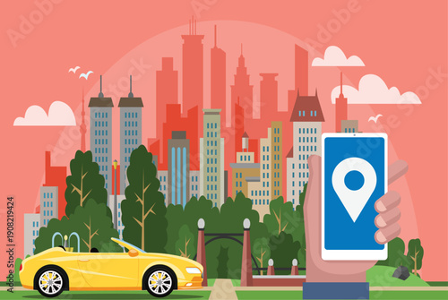 Modern flat vector illustration of an online taxi booking service. The image features a bright orange taxi car parked in front of a bustling city skyline with skyscrapers and a clear blue sky.