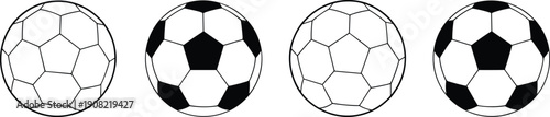 Soccer balls illustration, black and white vector football set, sports equipment icons, isolated pattern design, football template graphics.