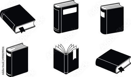 Black book icons set, hardcover and open book collection isolated on white background flat vector illustration