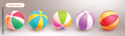 Colorful multi-colored beach ball set featuring various bright stripe patterns. Vibrant inflatable toy collection for summer holidays and aquatic fun. Vector illustration. 
