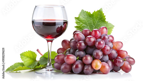 A glass of deep red wine presented with a generous cluster of red grapes and verdant leaves