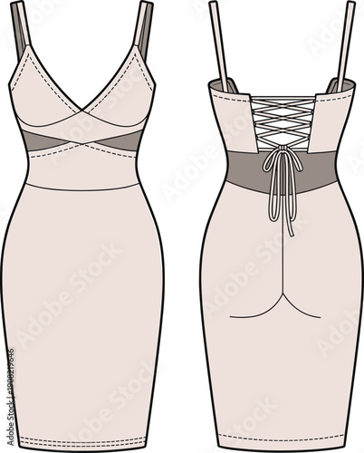 Bodycon dress vector template, front and back lace up design, fashion technical flat sketch for women clothing apparel design