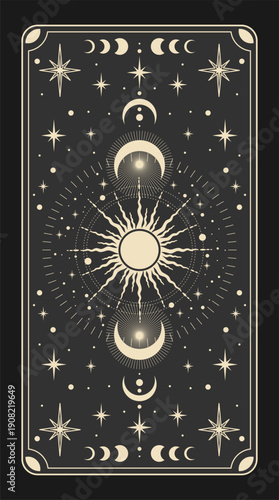 Magical card for astrology, tarot. Frame in a bohemian design, moon phases, sun, stars, copy space. Magic vector illustration