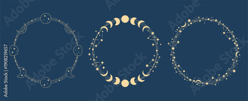 Collection of magic vector round frames with moon, stars and constellations. Mystic frame for tarot, esoteric, astrology design.