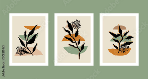 Set of three botanical illustrations in minimalist style for poster, t-shirt print, cover, banner. Printable herbs. Scandinavian style.