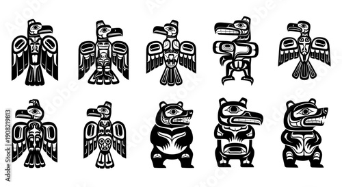 Vector set of Pacific Northwest tribal art animals: eagles, ravens, bears in black and white, isolated on white