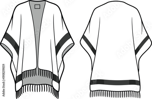 boho kimono cardigan, fashion flat sketch, women poncho design, vector template, stylish fringe cover up, apparel technical drawing