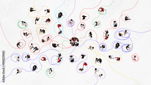 Quadro em tela Creative collage of business teams connected by multicolor paths