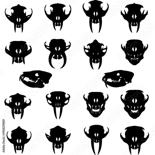 Vector black animal skulls and jawbones set, various predator and rodent silhouettes, isolated on white