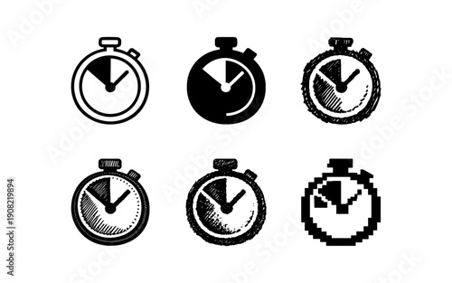 Collection of stopwatch icons in various styles including sketch and pixel art