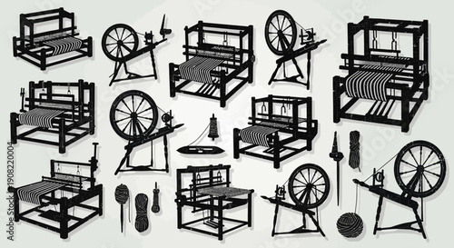 Textile weaving loom and spinning wheel vector silhouettes set, traditional fabric production equipment, isolated on white
