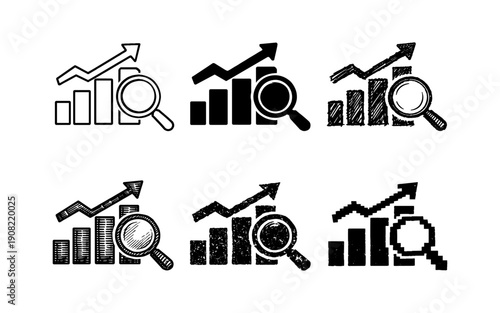 Collection of hand-drawn icons representing financial growth analysis and market research