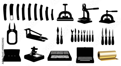Leather crafting tools vector silhouette set: knives, presses, stamps, mallets, awls, gold foil roll, isolated on white