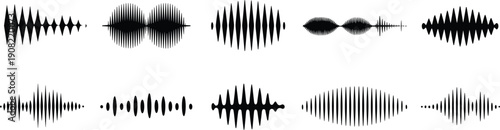 Sound wave vector icons, audio waveform symbols, voice frequency elements, abstract equalizer shapes, music signal design, black waveform graphics.