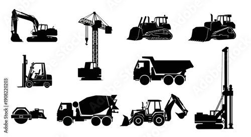 Construction machinery black silhouette vector icons set: excavator, crane, bulldozer, forklift, dump truck, road roller, concrete mixer, drilling rig isolated on white